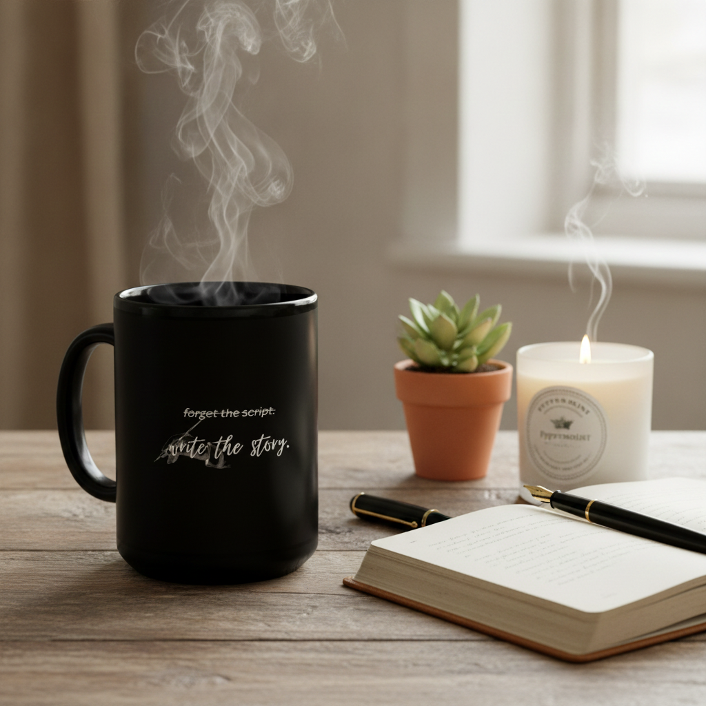 "forget the script. write the story" Black Glossy Mug
