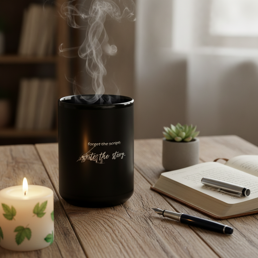 "forget the script. write the story" Black Glossy Mug