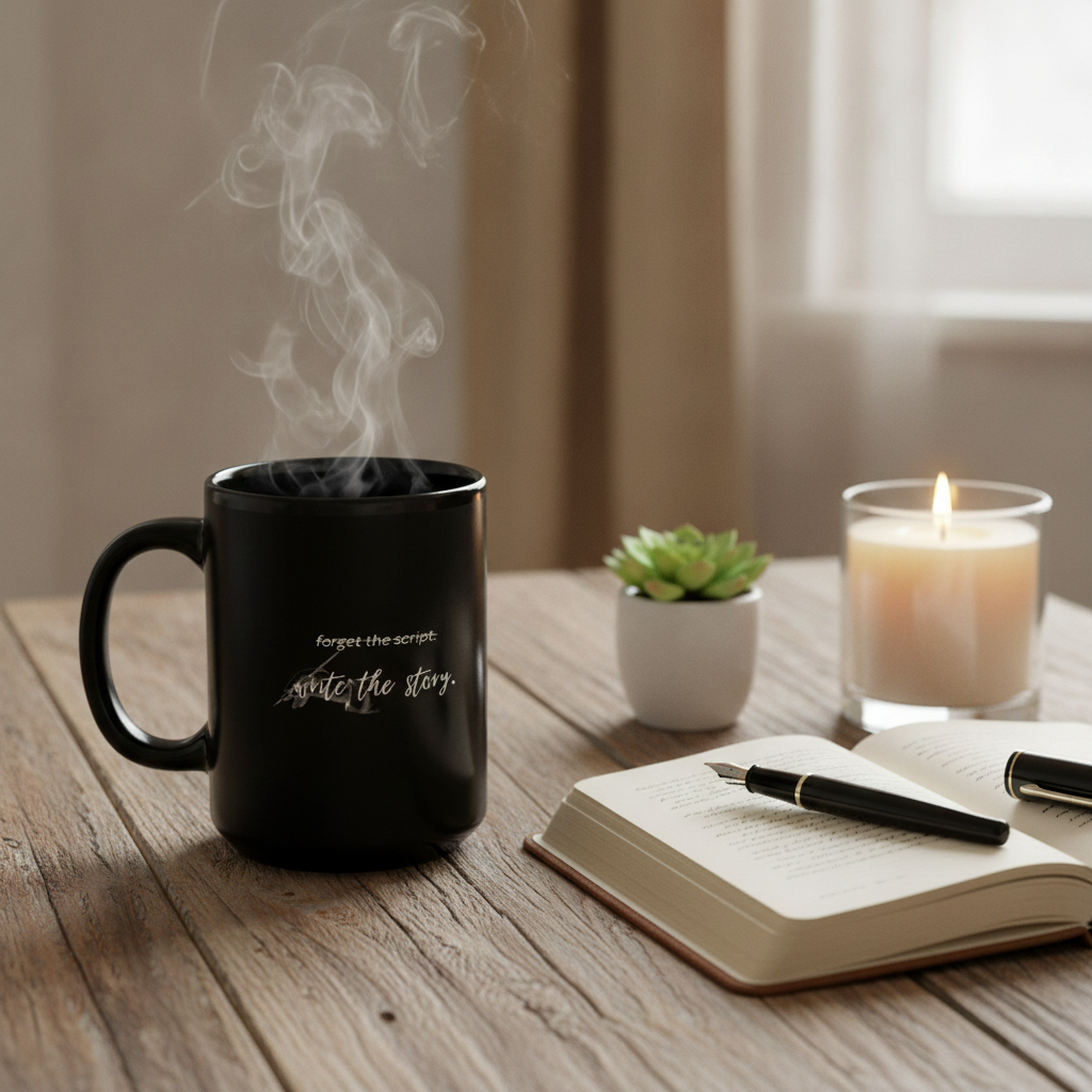 "forget the script. write the story" Black Glossy Mug